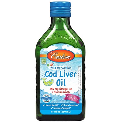 Carlson - Kid's Cod Liver Oil, 550 mg Omega-3s + A & D3, Norwegian, Wild Caught, Sustainably Sourced, Bubble Gum