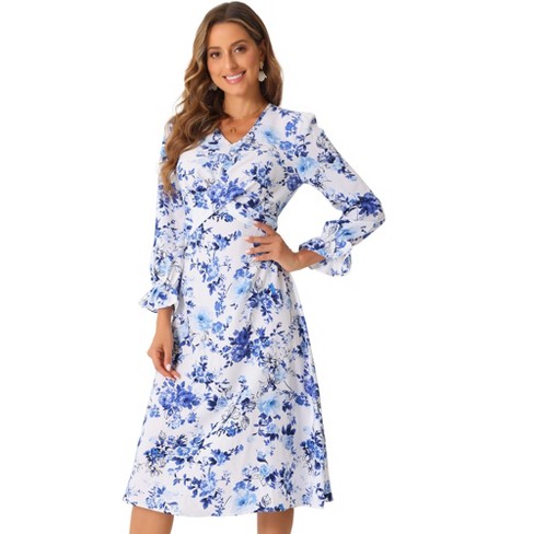 Allegra K Women’s Floral V-Neck Dress – Long Sleeve, Cinched Waist, Casual Tiered Hem – Stretchy & Comfy