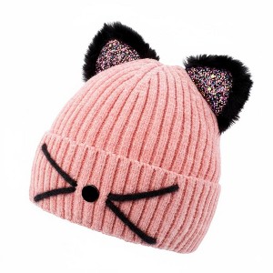 FAAYFIAN Sequin Cat Ear Knitted Beanie Hat for Kids Age 7-12 Winter Knit Skull Cap Winter Hat Outdoor Ear Warmer - 1 of 4