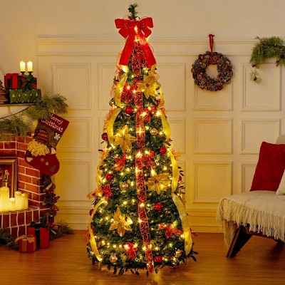 GOTGELIF 6Ft Cascade Style Retractable Pull-Up Pre-Decorated Christmas Tree, Fully Lit & Ready to Glow