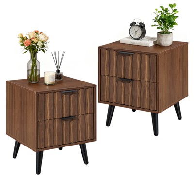 Bekrvio Mid Century Modern Fluted Nightstand with Solid Wood Legs,19.7" Walnut Side Table with Drawers & Open Storage for Bedroom,Living Room