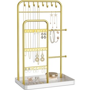 Modern Jewelry Display Stand in White & Gold, Multi-Functional Holder for Necklaces, Bracelets, Earrings and Rings - 1 of 4