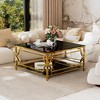 HTUTWOO 31.5" Brown Glass Coffee Table, Modern Cocktail Table Asymmetrical Metal, Circular Metal Drum Base With Lower Shelf For Living Room - 4 of 4