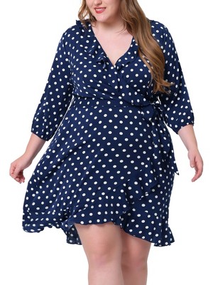 Agnes Orinda Women's Plus Size Polka Dots Elegant  3/4 Sleeve Ruffle Dress