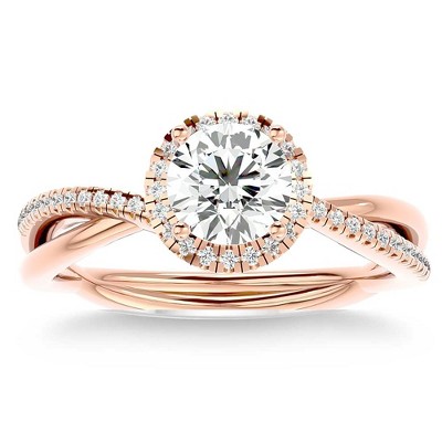 Pompeii3 1 1/5Ct TW Moissanite & Diamond Halo Crossover Engagement in Ring 10k Gold