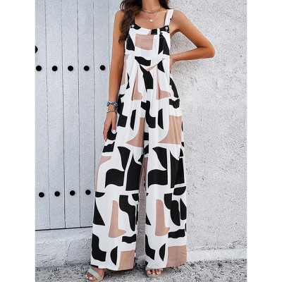 Women's Square Neck Overalls Printed Jumpsuit Loose Fit Wide Leg Jumpsuit With Pockets