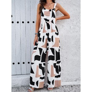 Women's Square Neck Overalls Printed Jumpsuit Loose Fit Wide Leg Jumpsuit With Pockets - 1 of 4