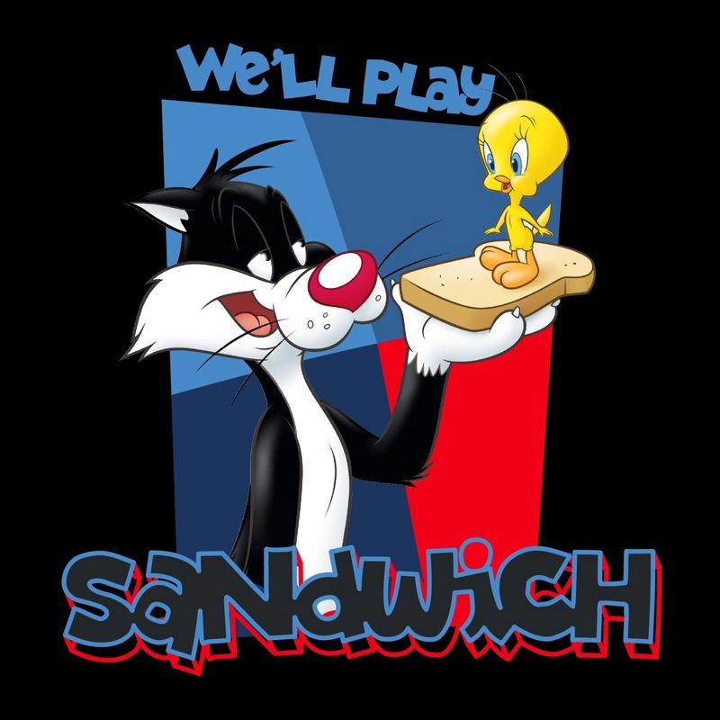 Looney Tunes Sylvester And Tweedy We'll Play Sandwich Graphic Boy's Black Hoodie, 2 of 4