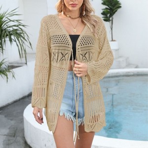 Coolmee Women's Crochet Cardigans Solid Lightweight Tie Front Tops Hollow Out Beach Cover Ups Long Sleeves Summer Knit Cover Cardigans One Size Khaki - 1 of 4