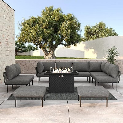 LayinSun 11 Pieces Rope Woven Patio Furniture Set, Modern Modular Sectional Sofa with Fire Pit Table and Upgrade Thickness Cushion