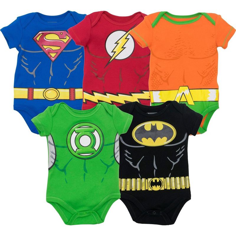 DC Comics Justice League Batman Superman The Flash Baby 5 Pack Costume Bodysuits Newborn to Infant , 1 of 10