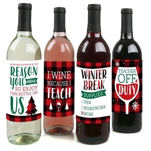 Big Dot of Happiness Plaid Teacher Appreciation - Holiday and Christmas Gifts Decorations for Women and Men - Wine Bottle Label Stickers - Set of 4 - 1 of 4