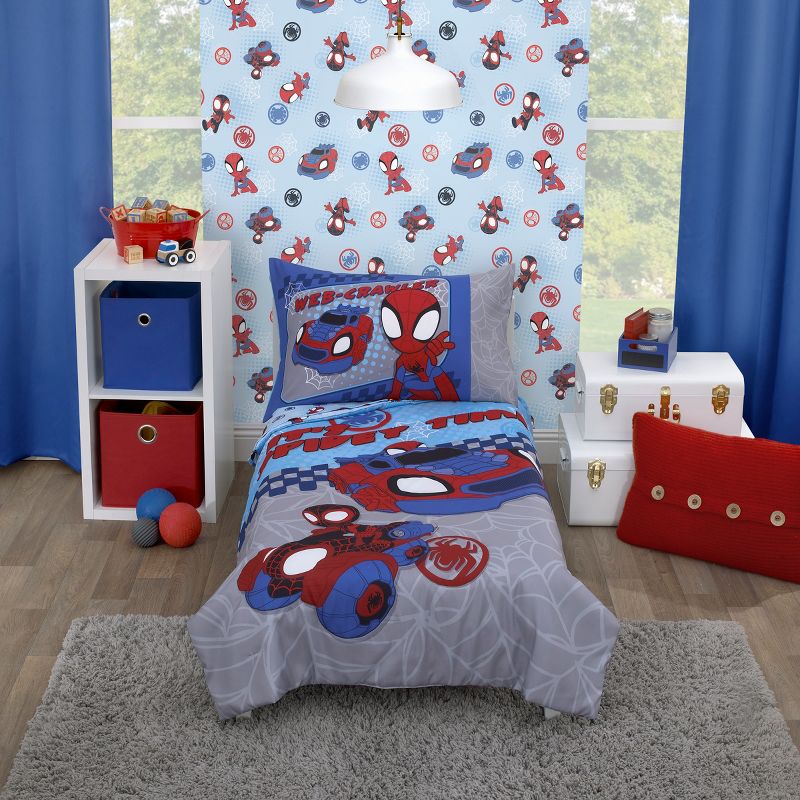 Marvel Spiderman Spidey and his Amazing Friends Spidey Time Red, Blue, and Grey 4 Piece Toddler Bed Set, 1 of 7