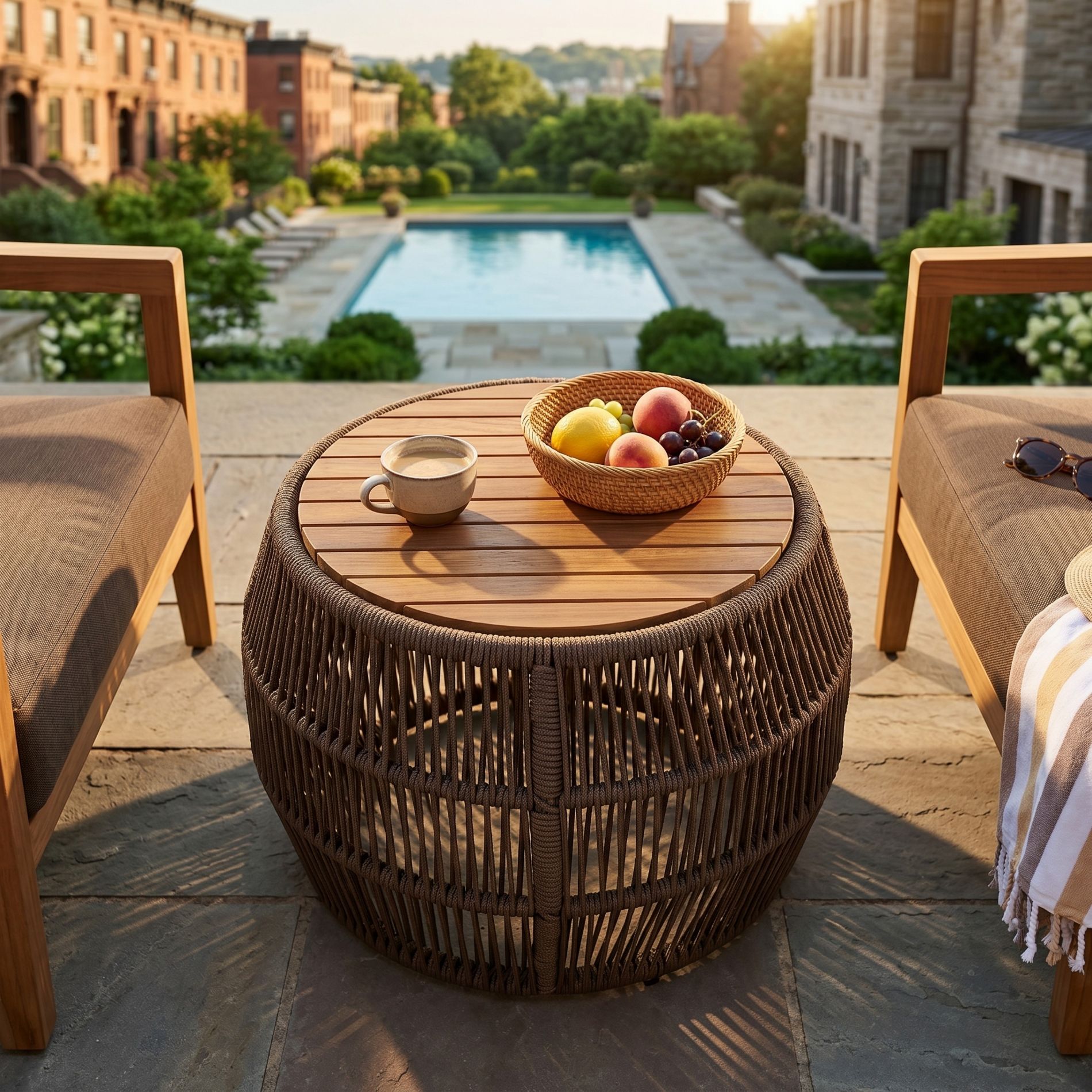 27.56"W Round Side Table with Woven Rope Base, Acacia Wood Outdoor Accent Table, Weather-Resistant Patio End Table, Gray - ModernLuxe