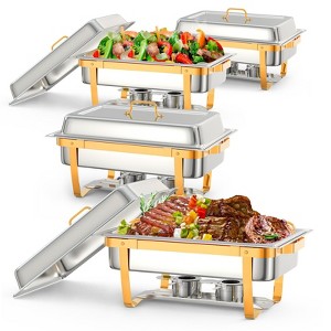 4 Pack 9.5QT Stainless Steel Chafing Dish Buffet Set w/Lid Holder, Spoon, Tweezers - for Catering, Parties, Weddings - 1 of 4