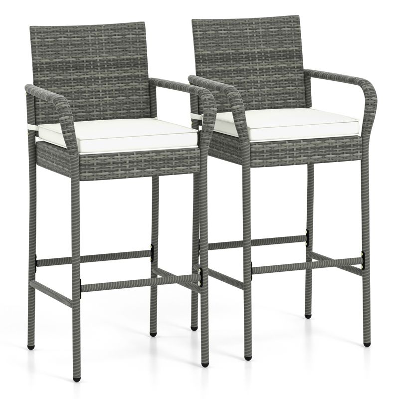 Tangkula Outdoor Bar Stools Set of 2/4 All Weather PE Rattan Bar Chairs w/ Armrests & Seat Cushions Patio PE Wicker Barstools, 1 of 9