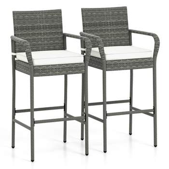 Tangkula Outdoor Bar Stools Set of 2/4 All Weather PE Rattan Bar Chairs w/ Armrests & Seat Cushions Patio PE Wicker Barstools