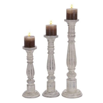 Set of 3 Traditional Turned Column Wood Candle Holders White - Olivia & May: Mango Wood, Elegant Decor
