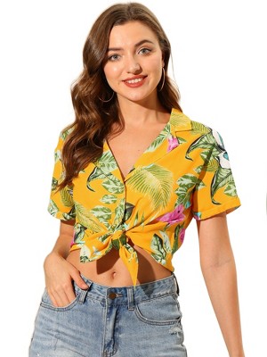 Allegra K Women's Hawaiian Floral Leaves Printed Short Sleeve Button Down Vintage Shirt