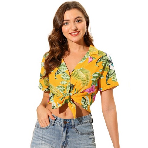 Allegra K Women's Hawaiian Floral Leaves Printed Short Sleeve Button Down  Vintage Beach Shirt Orange X-Small