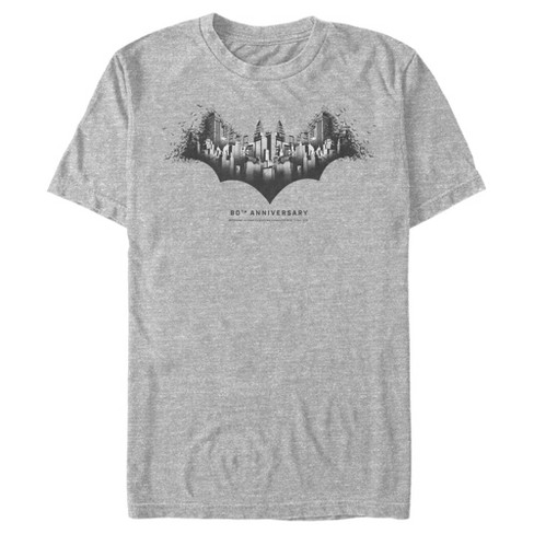 Men s Batman Gotham Skyline Bat Shape T Shirt Athletic Heather X Large