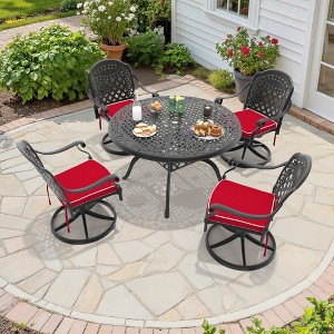 5-Piece Round Cast Aluminum Patio Set with Swivel Chairs,Red Cushions,and Umbrella Hole - 1 of 4
