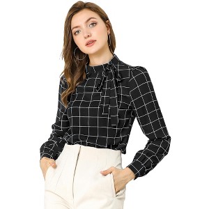 INSPIRE CHIC Women's Bow Tie Neck Keyhole Back Grid Checks Office Work Blouses - 1 of 4