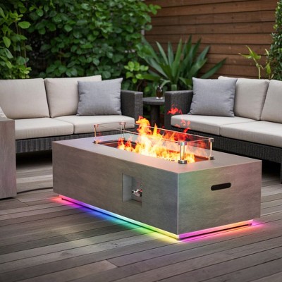 BDELITE 50,000 BTU Outdoor Fire Pit Table with LED Light, Propane Tank, Windshield, Glass Stone and Rain Cover-42*20*12 Inch, Brown