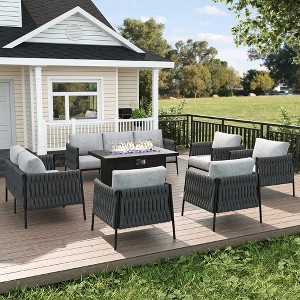 LayinSun 7 Piece Outdoor Furniture Set with Fire Pit Table, Modern Rope Woven Patio Conversation Sofa Set with Olefin - 1 of 4