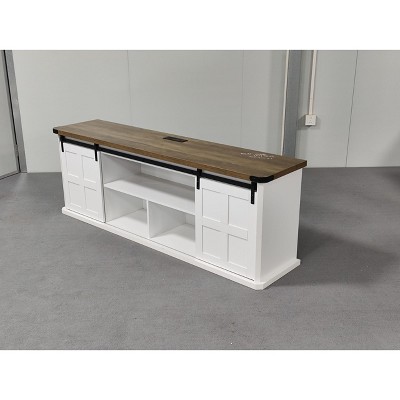 TV Stand for 77 Inch TVs, Mid Century Entertainment Center with Storage Cabinets & Charge Station & Farmhouse Sliding Barn Doors