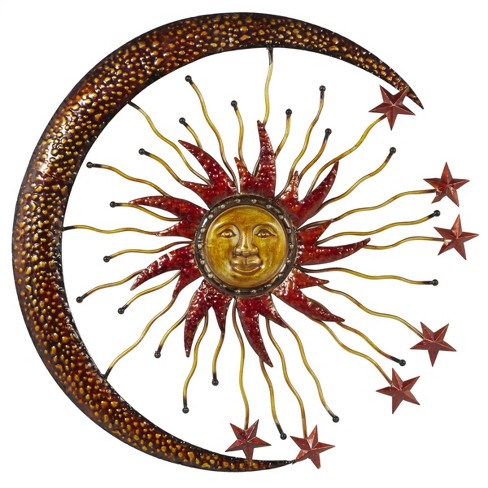 Metal Sun And Moon Indoor Outdoor Wall Decor With Stars Gold - Olivia & May  : Target