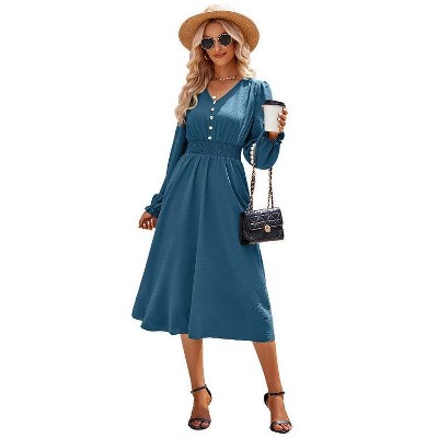 Coolmee Women's Casual V Neck Lantern Long Sleeve Ruffle Smocked Waist Tiered Midi A Line Dress with Button