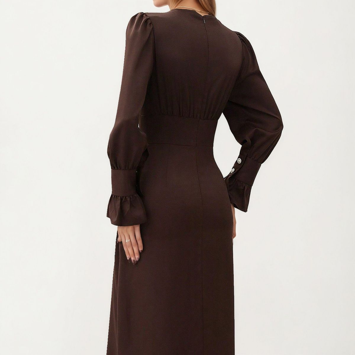 Anna-Kaci Long Sleeve V Neck Midi Dress with Button Detail and Flared Cuffs - thumbnail 5