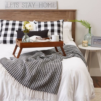Black and White Cotton Woven Throw Blanket with Fringe