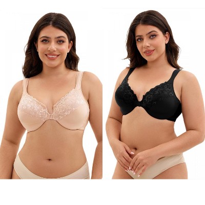 INSPIRE CHIC 2 Pcs Women's Front Closure Lace Trim Underwire Adjustable Straps Plunge Bras