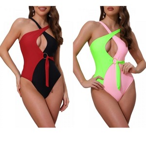 INSPIRE CHIC Women's Criss Cross Color Block O Ring Side Tie Strappy Swimwear Monokini Suit 2 Sets - 1 of 4