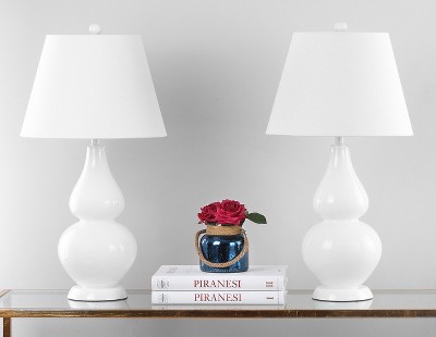 Cybil White Glass Double Gourd Nightstand Lamp Set with Cotton Shade