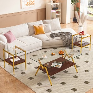 MAYEERTY Coffee Table and End tables Set of 3, Tempered Glass Table with MDF layer, Modern Tables for Living Room , Transparent Glass - 1 of 4
