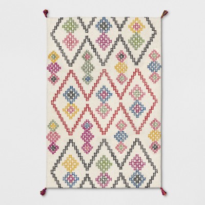 7'x10' Geometric Wool Tasseled Tufted Area Rug White/Pink/Yellow - Opalhouse™