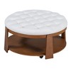 JUJABU Oversized Round Button Tufted Ottoman Coffee Table with Wheels, Wood Shelf and Waterproof Linen for Living Room - 2 of 4