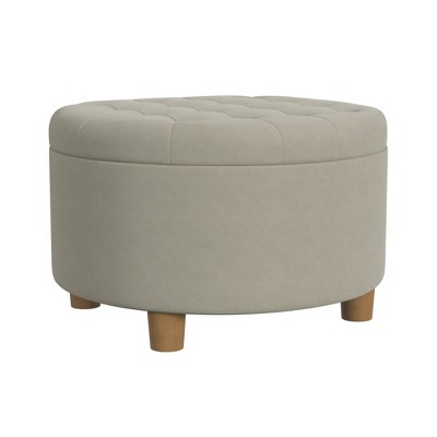 Fawn Velvet Tufted Round Storage Ottoman with Honey Oak Legs