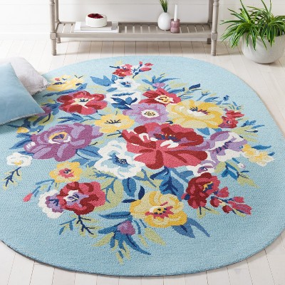 Blue Floral Tufted Wool Oval Rug 6' x 9' - Handmade Non-Slip