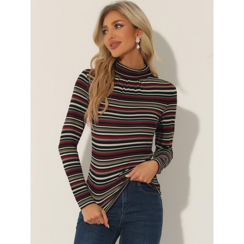 Allegra K Women's Long Sleeve Pleated Front Turtleneck Stretch Slim Plaid Blouse, 4 of 7