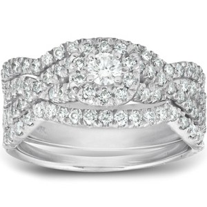 Pompeii3 1 1/4 Ct Cushion Halo Diamond Engagement Wedding Ring 3-Piece Set White Gold - 1 of 4