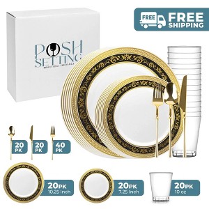 Posh Setting 140 Piece Black And Gold Plastic Party Bundle - Royal (20 Settings) - 1 of 4