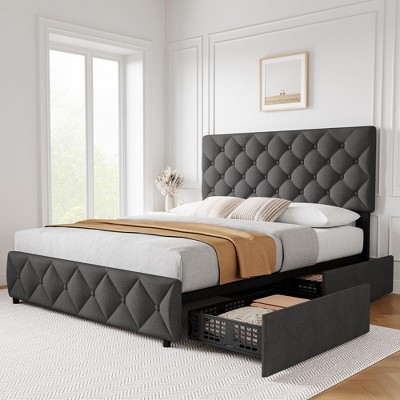 Full Size Bed Frame with 4 Storage Drawers and Headboard, Linen Upholstered Platform Bed Frame