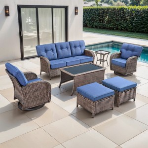 Belord Outdoor Patio Furniture Set with 5" Thick Cushions, Brown Wicker 7 Piece Patio Furniture Set with Swivel Gliding Rocker Chairs and Sofa Couch - 1 of 4