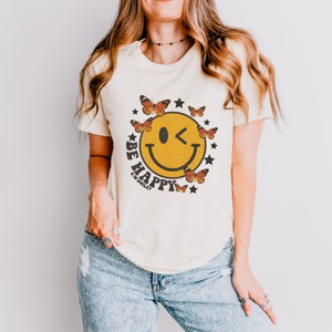 Simply Sage Market S.W.Smiley Be Happy Butterflies Short Sleeve Tee - XS - Cream - 1 of 4