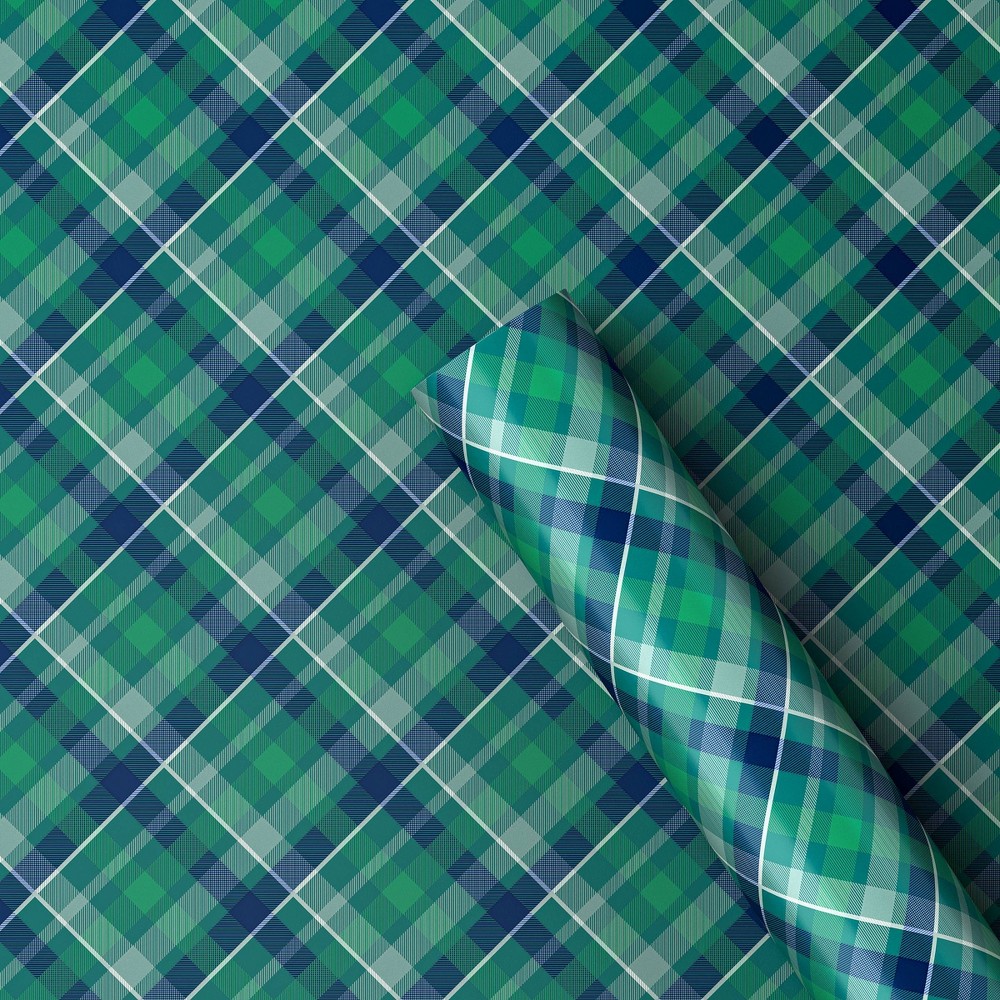 30" 50 sq ft Christmas Roll Wrap Green and Navy Plaid - Wondershop™