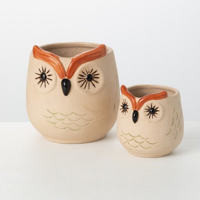 Sullivans Kitschy Rust Owl Ceramic Planter Set of 2, 5"H & 3.5"H Multicolored